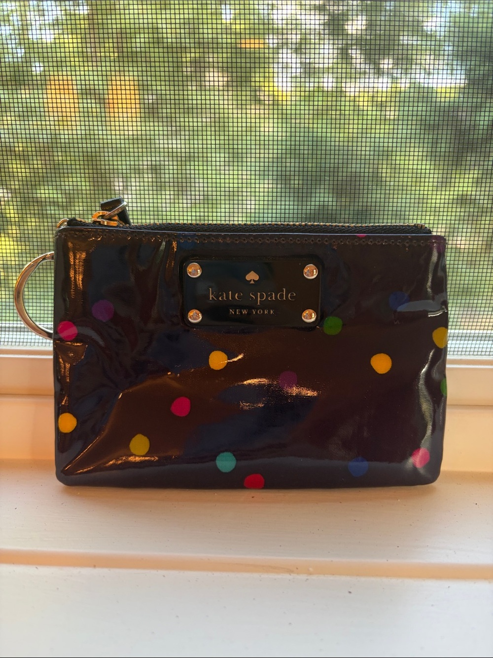 kate spade Black Patent Polka Dot Card Size Wristlet with Key Ring